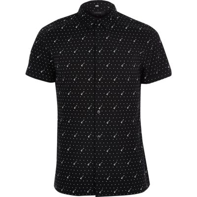 Black guitar print casual short sleeve shirt